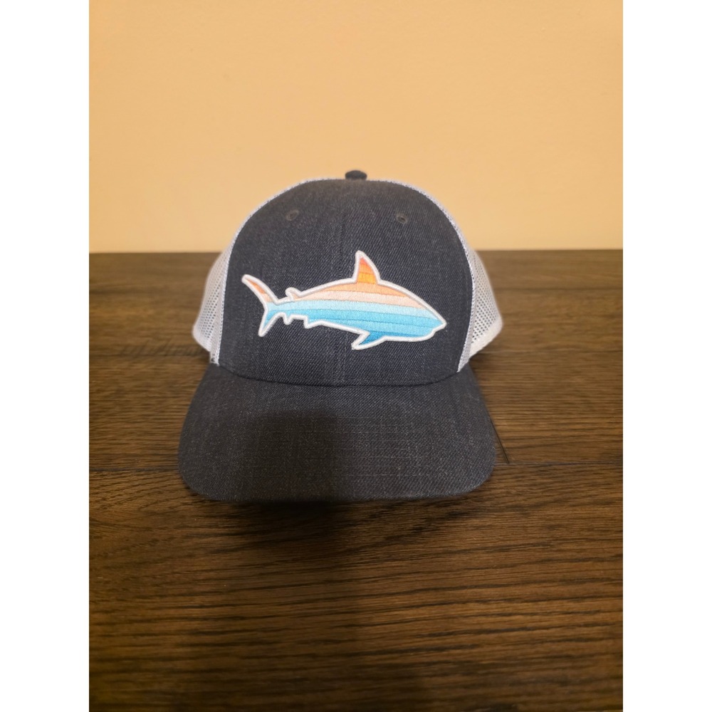 Local Crowns Mens Shark Patch Trucker Hat Grey White Mesh Snapback Cap